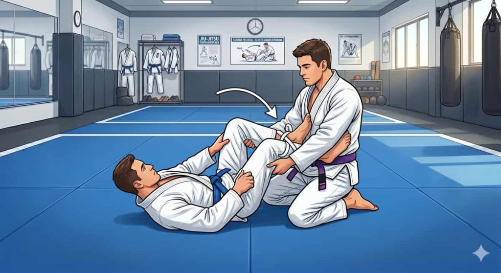 Guarda no jiu-jitsu: conheça a posição mais ofensiva e defensiva do esporte 1 Guarda jiu-jitsu — praticante de faixa azul na posição de guarda aberta contra adversário de faixa roxa no tatame
