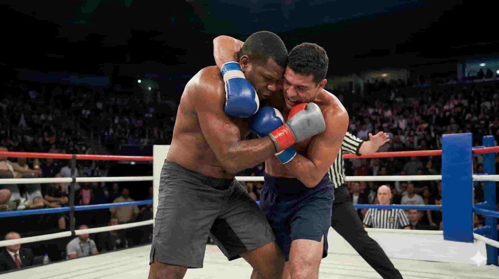 Clinch: o que é e como funciona no Muay Thai, no Boxe e no MMA 1 clinch — dois atletas em posição de contato corporal direto em combate de boxe